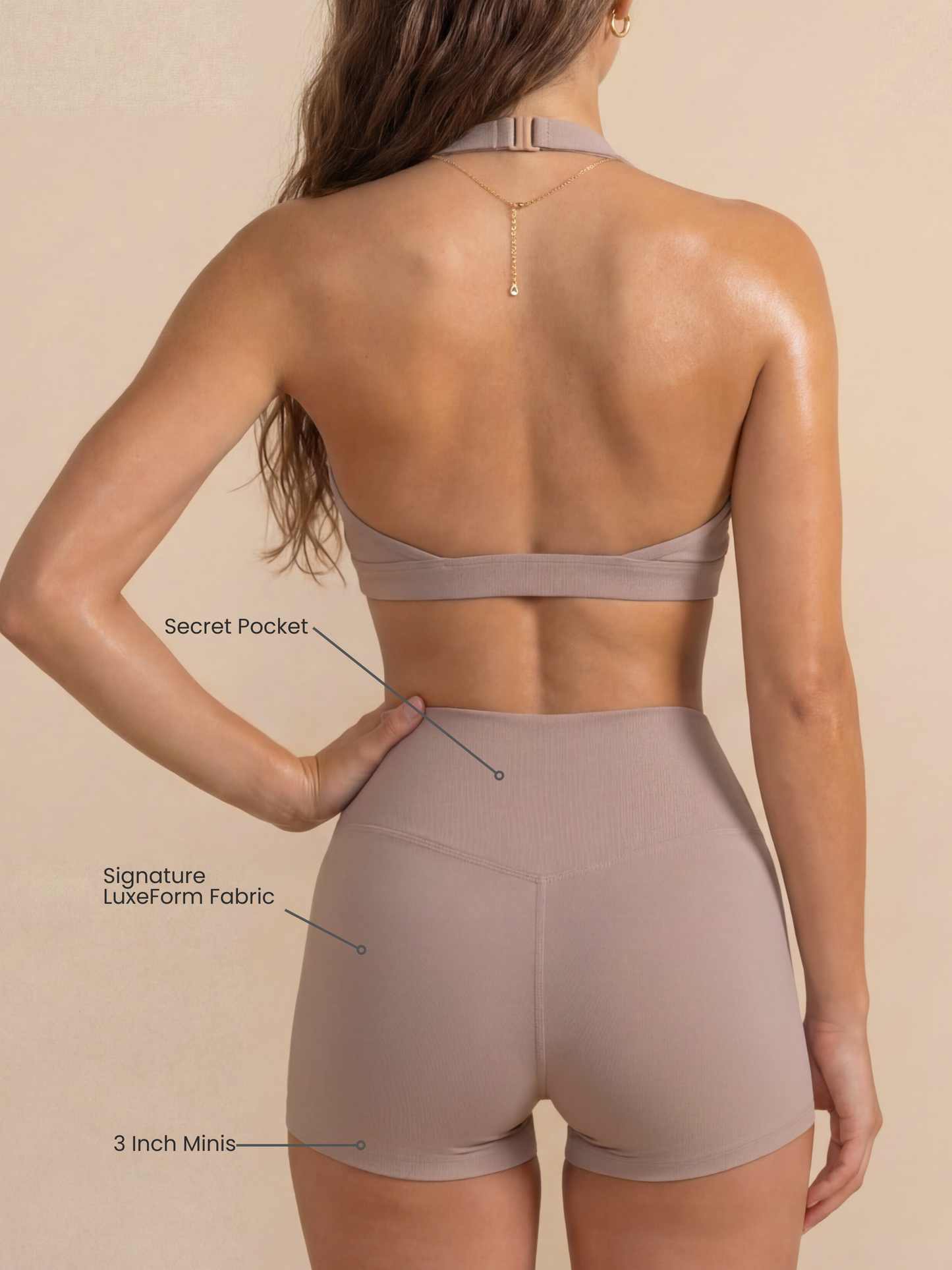 Women's Mini Sculpting Shorts 3 Inch - Taupe | Criss-Cross Waistband with Pocket